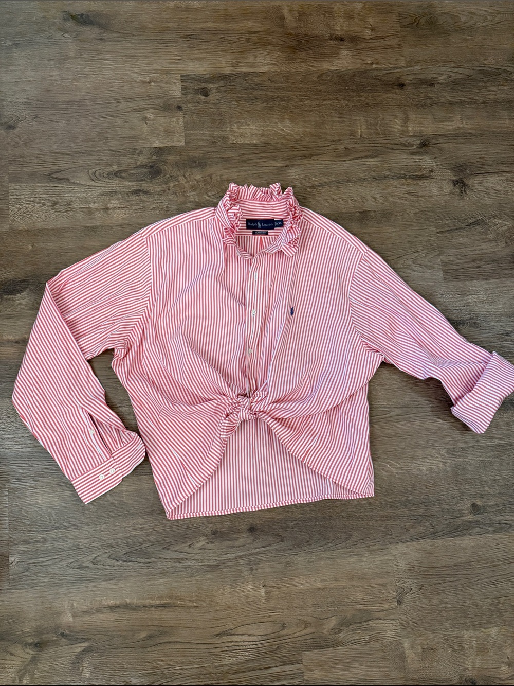Upcycled Ralph Lauren Red & White Striped Ruffled collar Button Shirt Size XXL